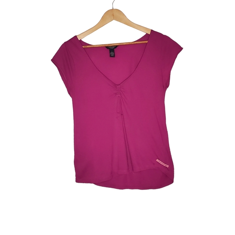 Magenta Cap-Sleeve V-Neck Top with Chest Ruching and Bow